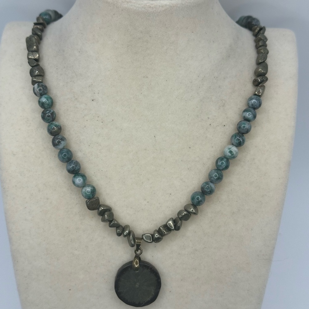 Pyrite and Jade Beaded Necklace with Pyrite Sun Pendant - Picture 11 of 12